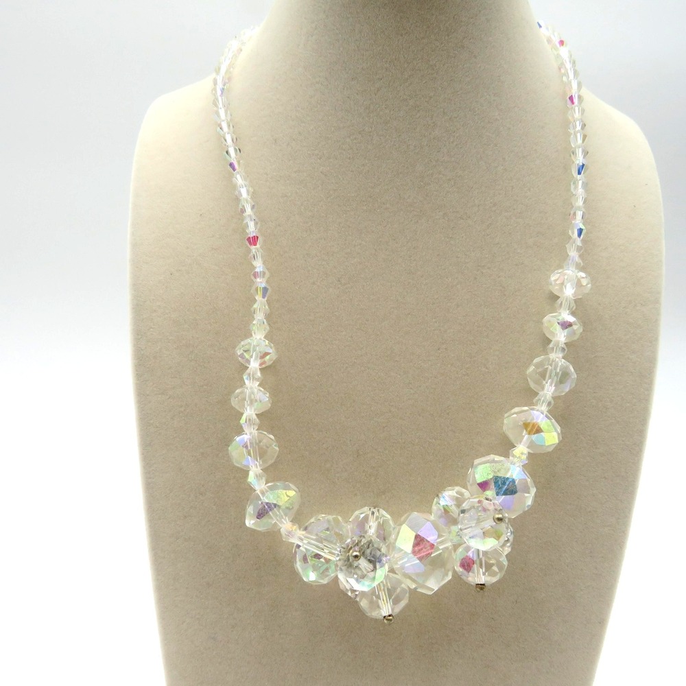 Crystal AB Aurora Borealis Glass Bead Necklace Faceted Cluster Silver Tone 16"